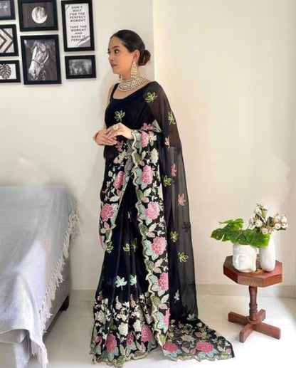 Vamika Embroidery Black Georgette Bollywood Saree