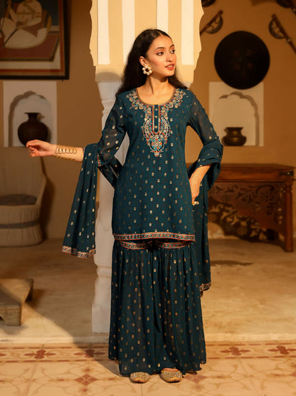 Juniper Women's The Swarn Teal Ethnic Motif Printed Georgette Kurta Pant And Dupatta With Sequins & Zari Work