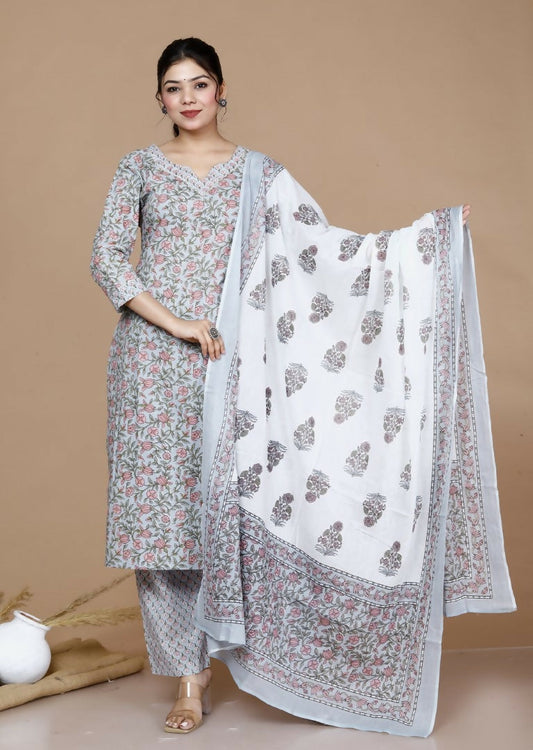 Miravan Women's Blue Gota Patti Cotton Kurta With Palazzo And Dupatta Set