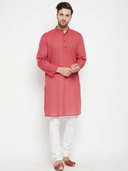 Even Apparels Rust Pure Cotton Long Men's Kurta With Band Collar