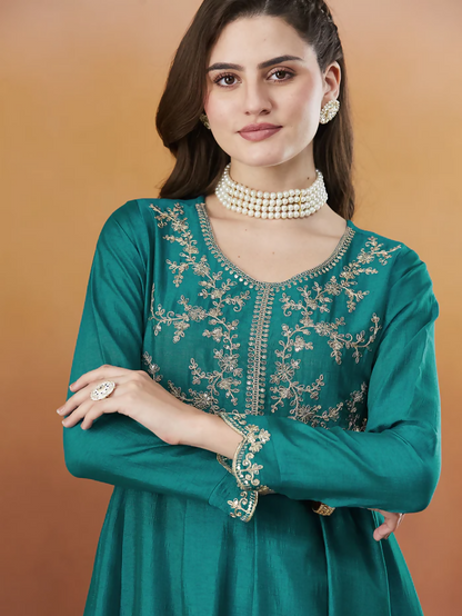 The52 Rama Women's Beautiful Vichitra Silk Fabric Embroidered Work Flared Anarkali Pant and Dupatta Set