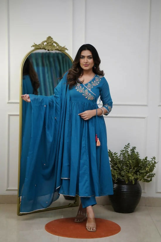 The52 Petrol Women's Beautiful Parampara Fabric Embroidered Work Flared Kurta Pant and Dupatta Set