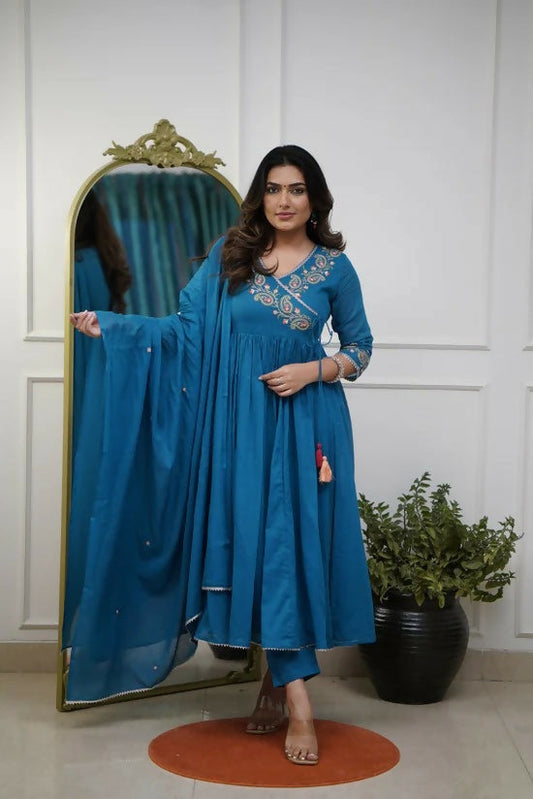 The52 Petrol Women's Beautiful Parampara Fabric Embroidered Work Flared Kurta Pant and Dupatta Set