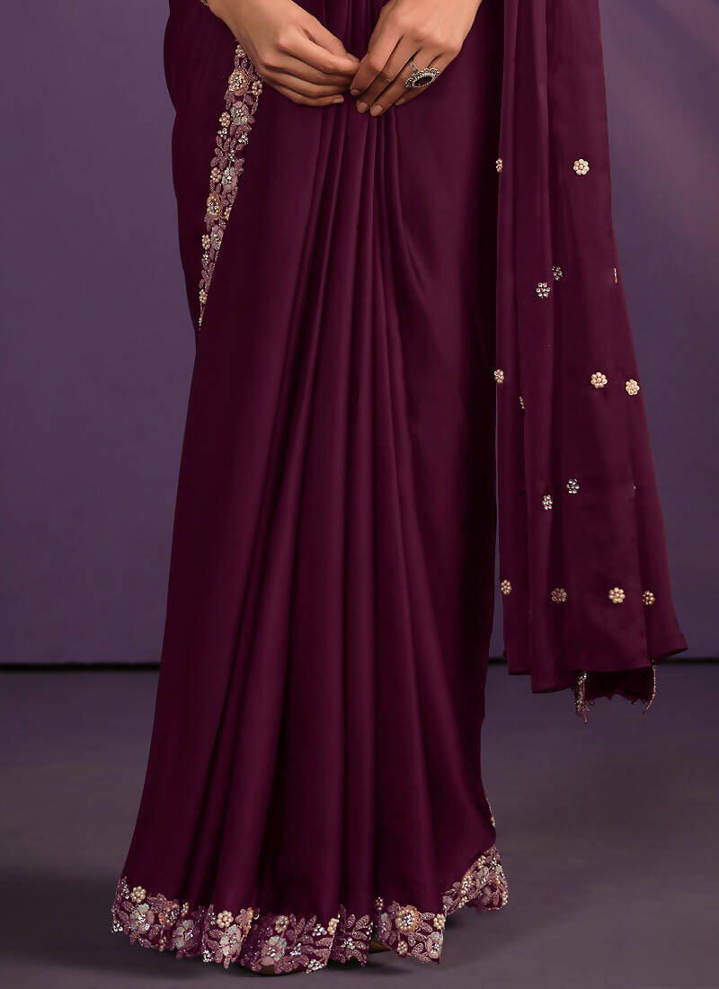 Wine Crepe Satin Silk Embroidered Saree With Stitched Blouse - Mohmanthan Exotica