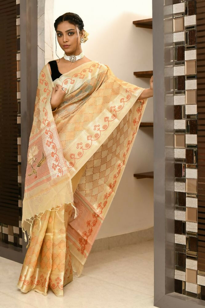 Joban Fashion Light Orange Saree Kota Tissue With Embroidery And Applick Anchal