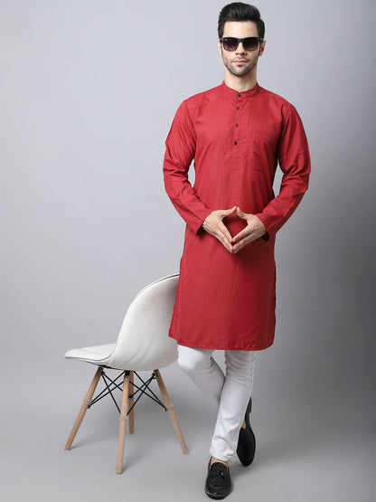 Even Apparels Maroon Cotton Checked Men's Kurta With Band Collar