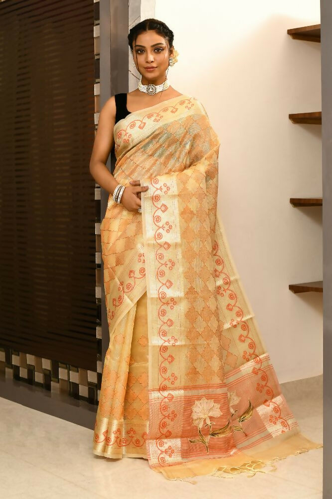 Joban Fashion Light Orange Saree Kota Tissue With Embroidery And Applick Anchal