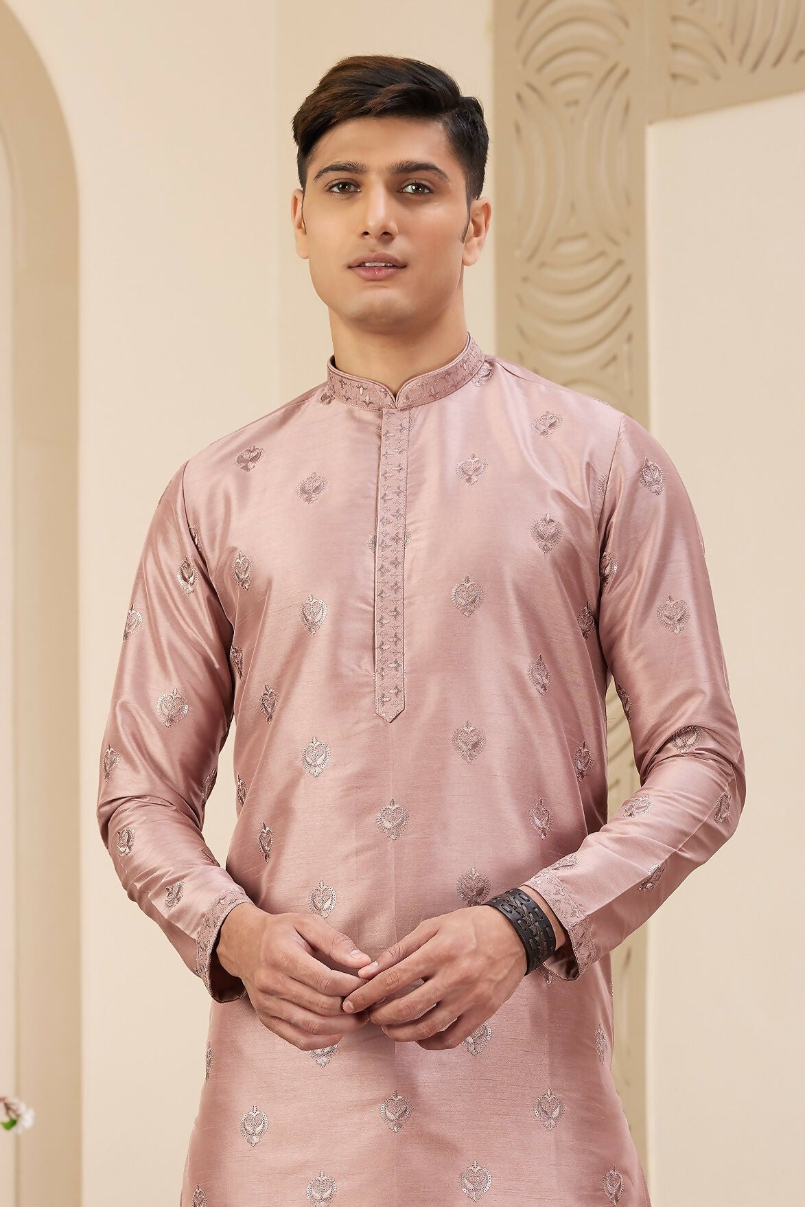 Raivat Ethnic Men's Art Silk Thread Work Kurta Pyjama In Cream Beige Colour