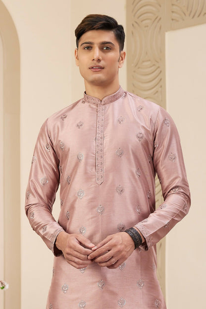 Raivat Ethnic Men's Art Silk Thread Work Kurta Pyjama In Cream Beige Colour
