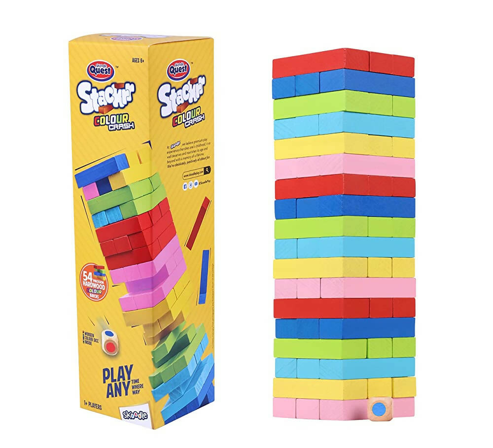 Skoodle Quest Stackrr Color Crash Tumbling Tower Game with 54 Precision Wooden Blocks of Premium Beachwood for Adults and Kids