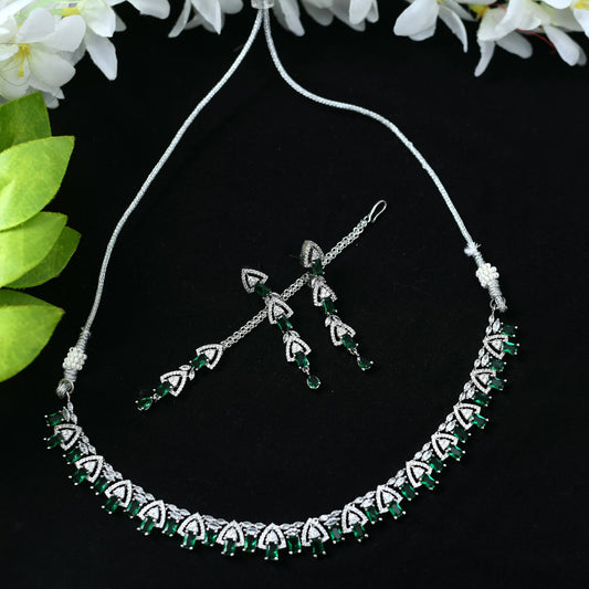 Mominos Fashion Johar Kamal Silver-Plated American Diamond Green Choker Set