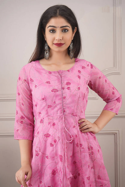 Partywear Designer Hand Screen and Foil Print pink Pure chanderi Gown - Anbazaar
