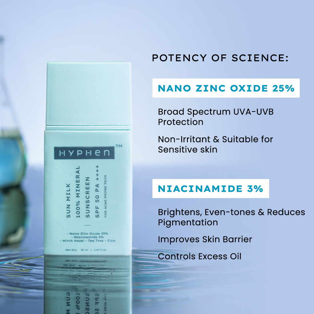 Hyphen Sun Milk 100% Mineral Sunscreen SPF 50 PA++++ 25% Nano Zinc Oxide For Acne Prone, Oily Skin