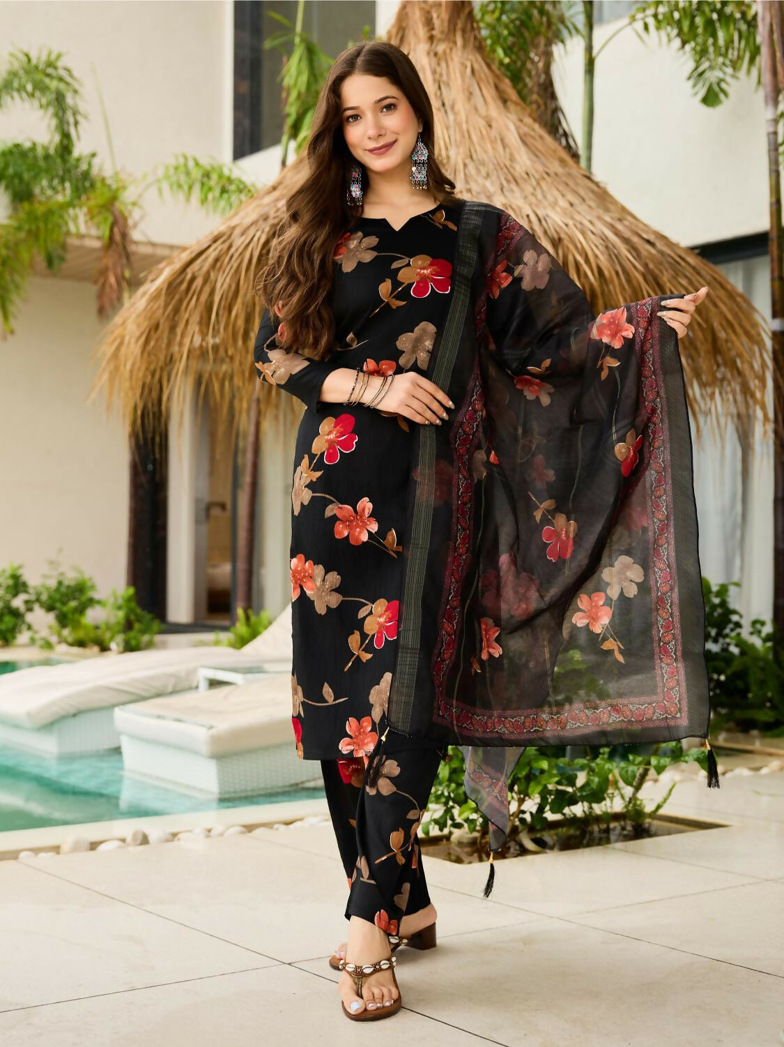 The52 Black Women's Gorgeous Printed Silk Blend Fabric Straight Kurta, Pant and Dupatta Set