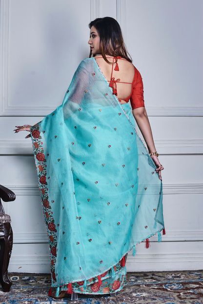 Morchari Green Supernet Cross Stitched Embroidery Saree Unstitched Blouse