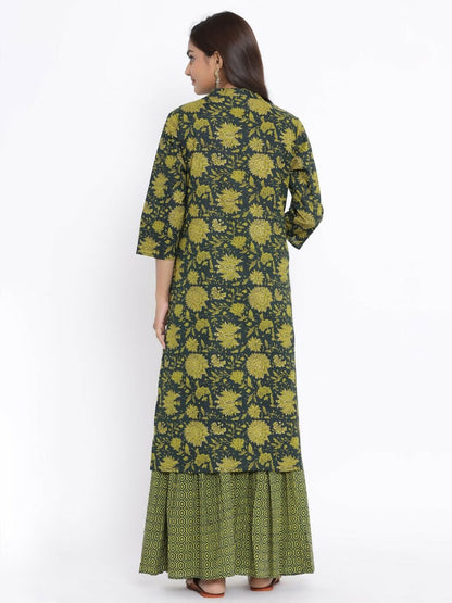 Miravan Women's Green & Yellow Floral Printed Pure Cotton Kurta With Sharara