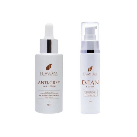 Flawora Set of Anti-Grey Hair Serum and D-Tan Lotion