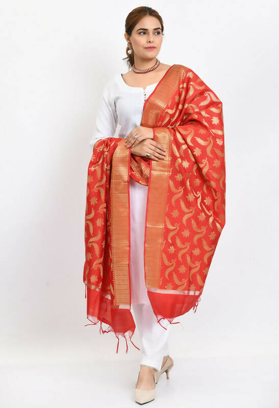 Mominos Fashion Moeza Women's Banarsi Silk Floral Woven Design Red Dupatta