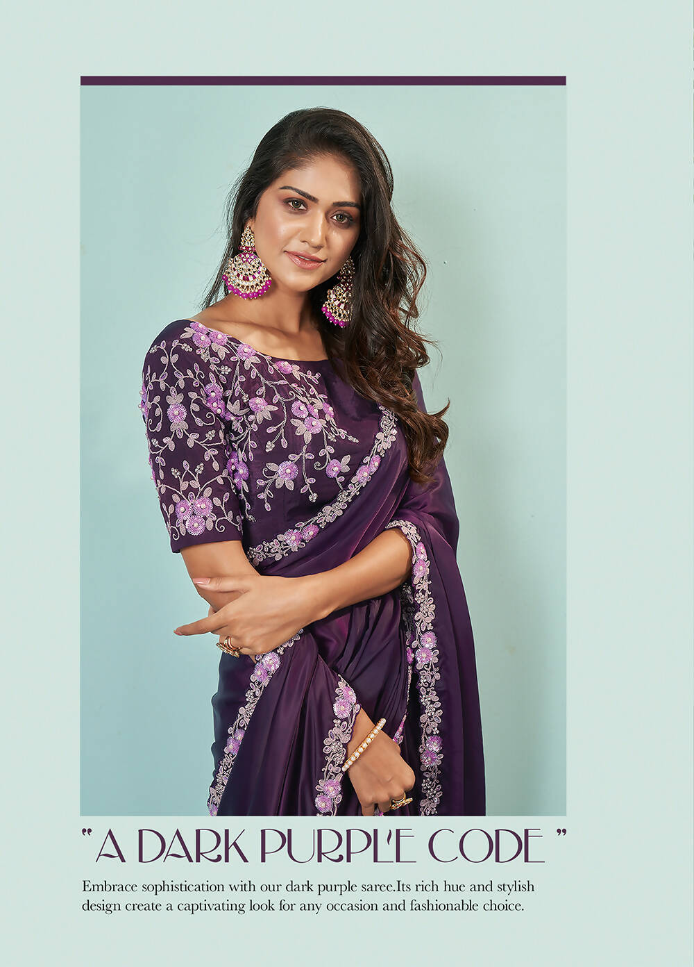 Dark Purple Silk crepe Solid Saree With Unstitched Blouse Piece - Norita Ikshita
