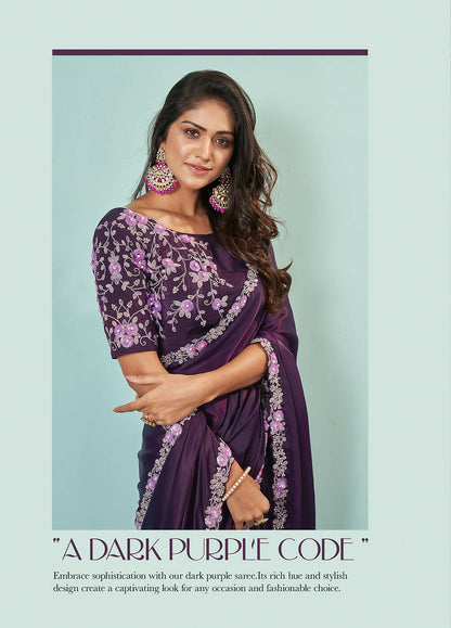 Dark Purple Silk crepe Solid Saree With Unstitched Blouse Piece - Norita Ikshita