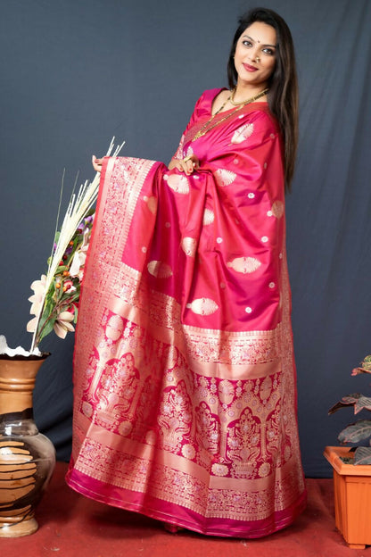 Jyoti Fashion Women's Gajri Red Paithani Silk Zari Woven Saree with Blouse