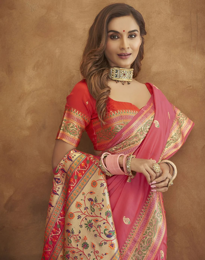Vastranavya Pink Soft Paithani Silk Saree With Gold Zari Weaving Motifs With Matching Blouse Fabric