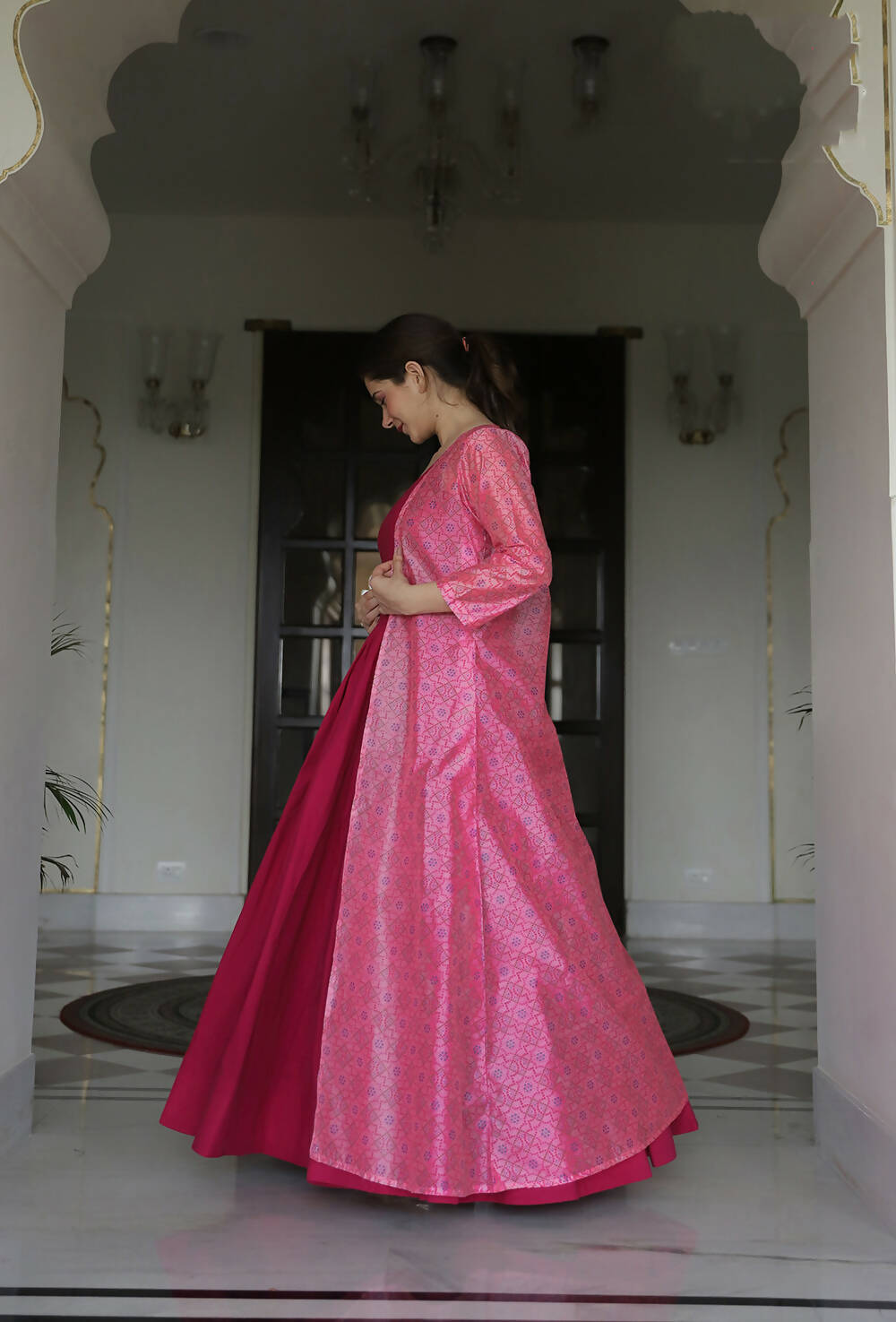 Partywear Designer Digital print Pink Maslin Gown - Anbazaar