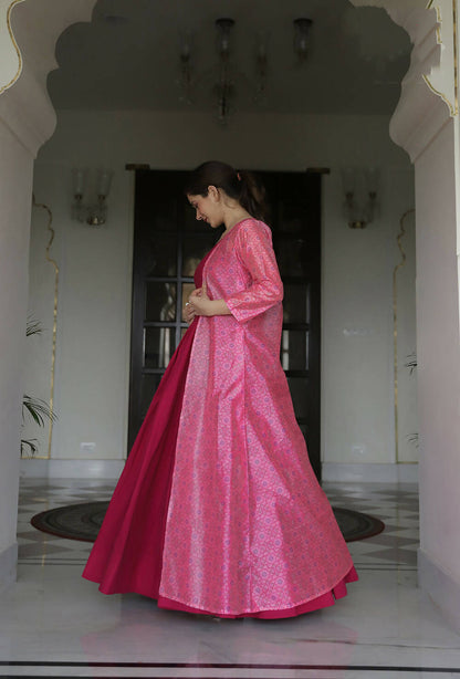 Partywear Designer Digital print Pink Maslin Gown - Anbazaar