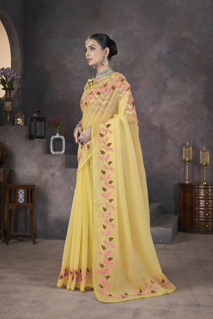 Vastranavya Gold Soft Crush Georgette Thread Embroidery work of Leaf Pattern with Patched Lace Border Saree