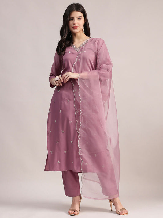 Aavyora Women Lavender Embroidered Chinon Kurta with Straight Pants & Organza Dupatta Set