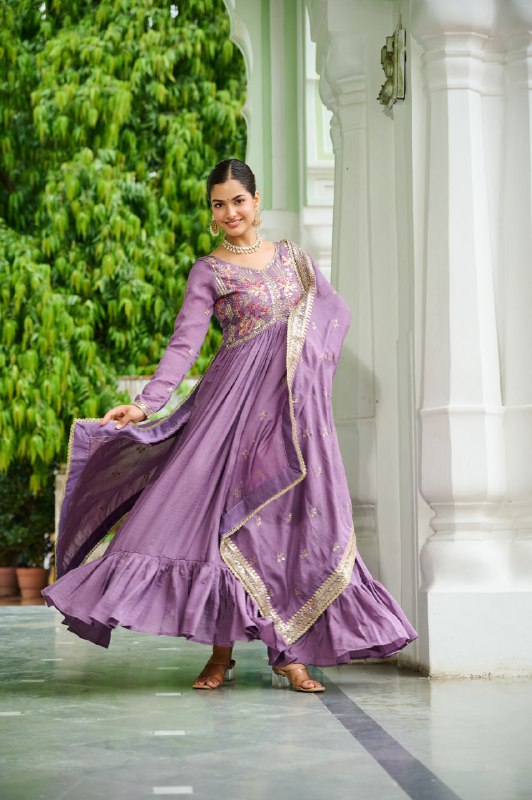 Lehenga Mart Premium Readymade Gown With Dupatta Set For Women-Lavender