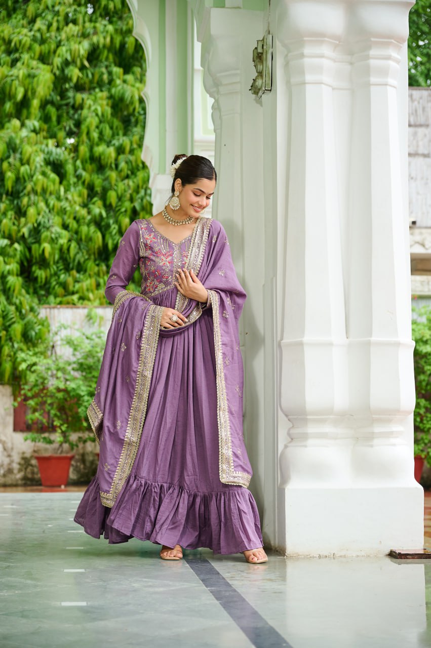 Lehenga Mart Premium Readymade Gown With Dupatta Set For Women-Lavender