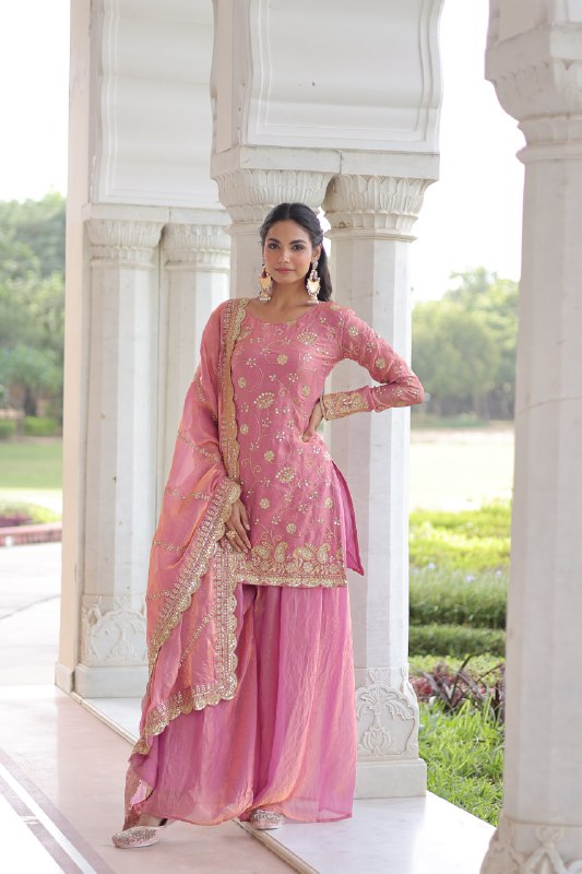 Lehenga Mart Premium Readymade Top Sharara With Dupatta Set For Women-Pink