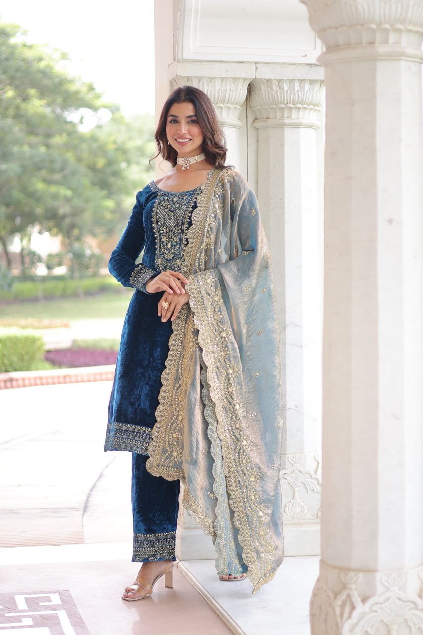 Lehenga Mart Designer Velvet Ready To Wear Kurta Pant With Dupatta For Women-Morpich