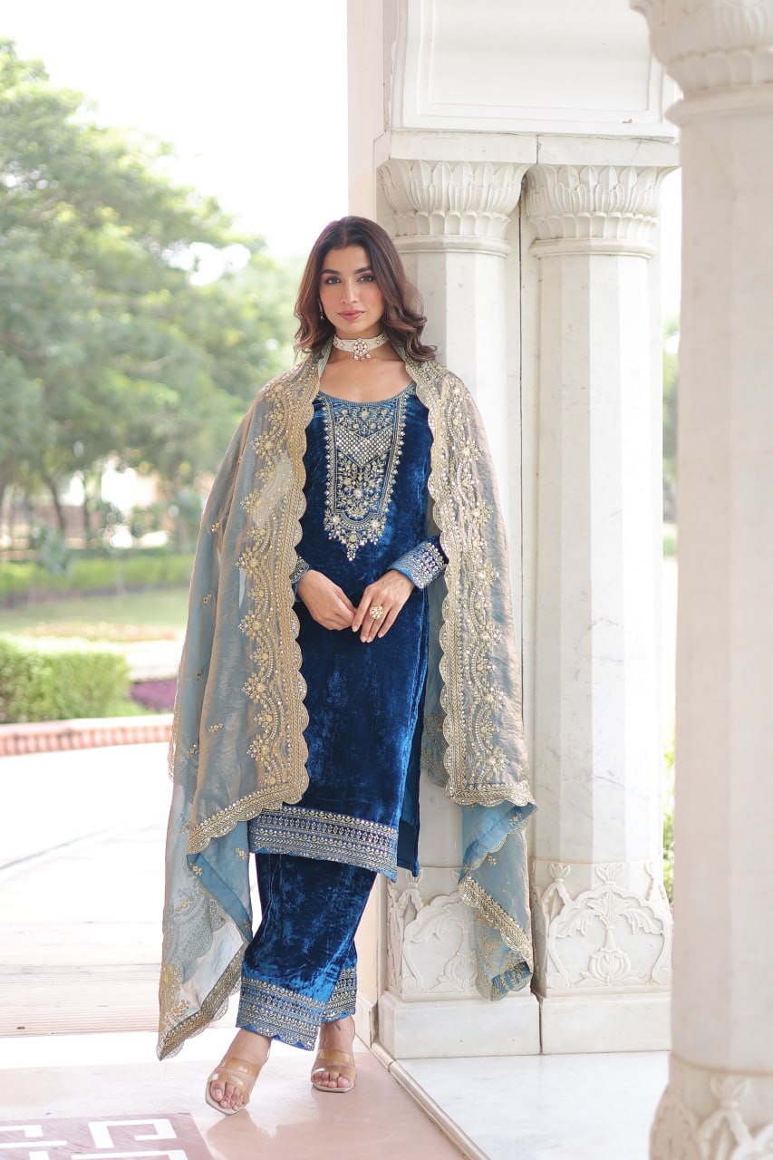 Lehenga Mart Designer Velvet Ready To Wear Kurta Pant With Dupatta For Women-Morpich