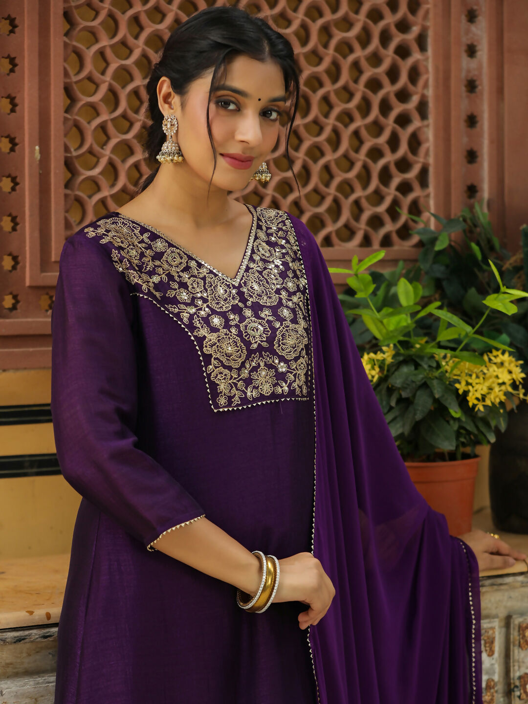 Janasya Purple Silk Blend Yoke Embroidery Kurta,Bottom & Dupatta