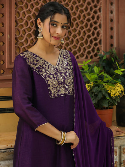 Janasya Purple Silk Blend Yoke Embroidery Kurta,Bottom & Dupatta