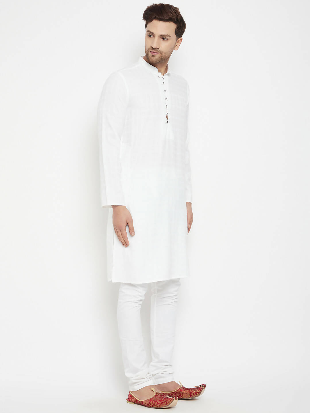Even Apparels White Viscose Long Men's Kurta With Band Collar