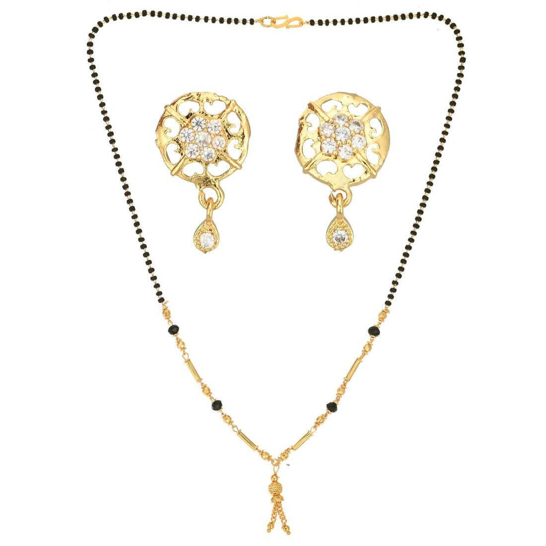 AanyaCentric Gold-Polished Short Mangalsutra Set with Earrings
