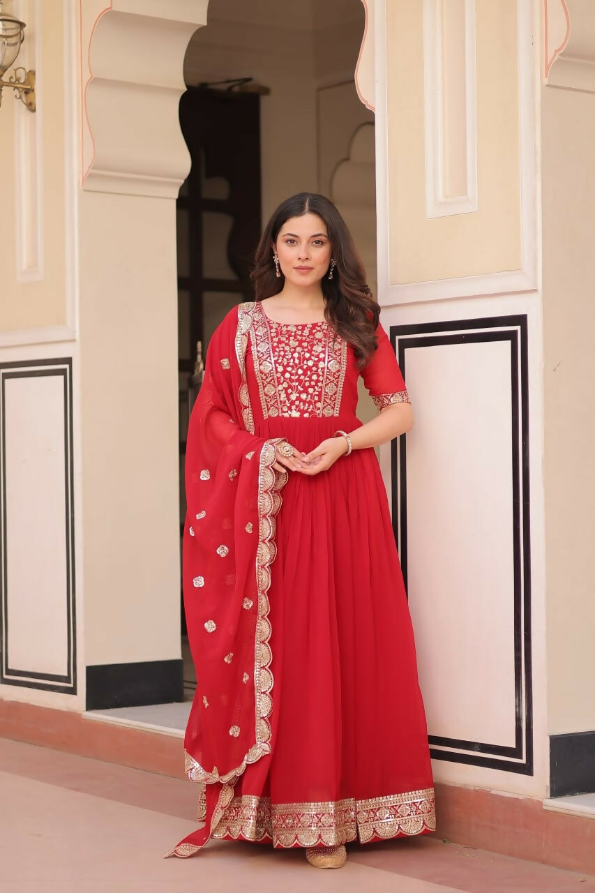 Teeya Creation Red Color Faux Georgette Embroidery Work Wedding Wear Long Gown