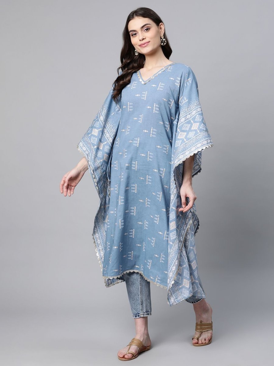 Ahalyaa Beige Pure Cotton Floral Printed Kaftan Kurta