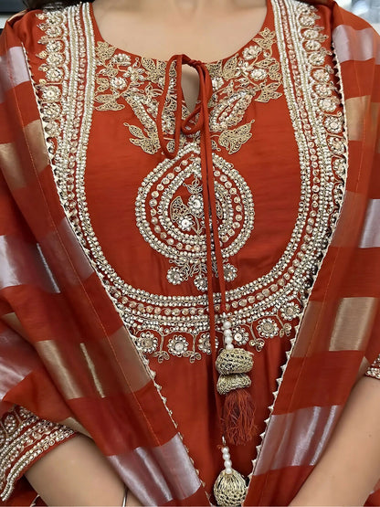 The52 Orange Women's Gorgeous Embroidered work Chanderi Fabric Straight Kurta, Pant and Dupatta Set
