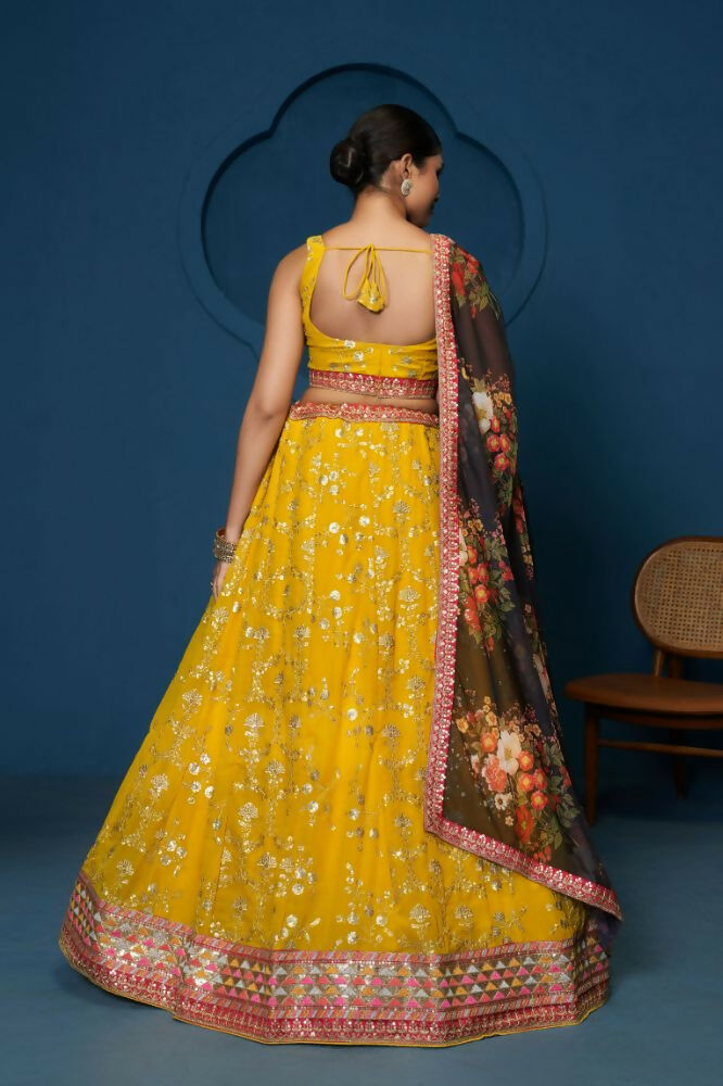 Yellow Floral Georgette Sequence Work Lehenga Choli - Jihu Culture