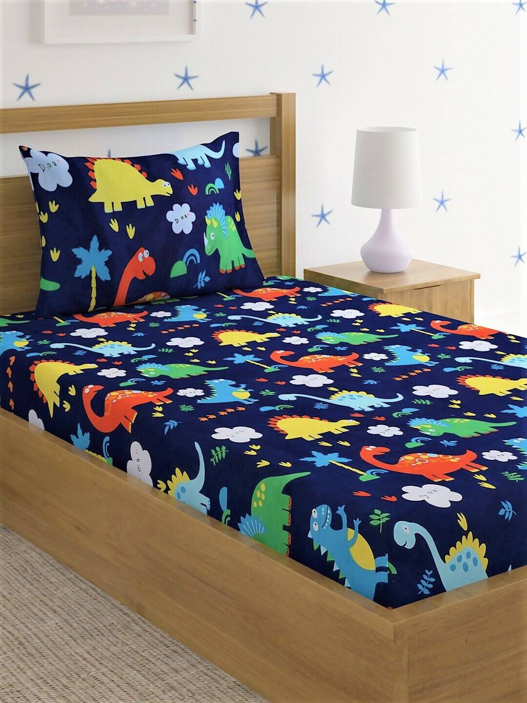 Home Sizzler Blue & Yellow Printed 210 TC Bedsheet with Pillow Covers