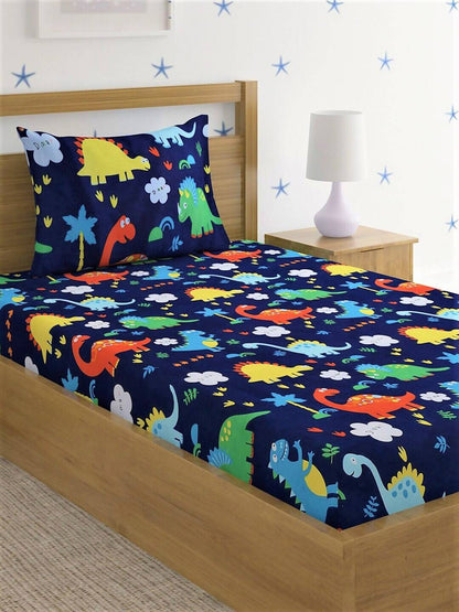 Home Sizzler Blue & Yellow Printed 210 TC Bedsheet with Pillow Covers