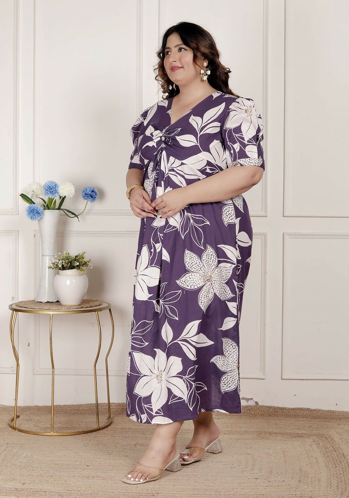 Miravan Womens Plus Size Purple Pleated Puff Sleeve Floral Pure Cotton Butterfly Middi Dress