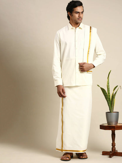 Ramraj Cotton Premium Wedding Cream Regular Dhoti, Shirt & Towel Set Golden Reward