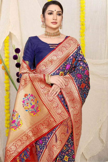 Jyoti Fashion Women's Navy Blue Patola Silk Zari Woven Saree with Blouse