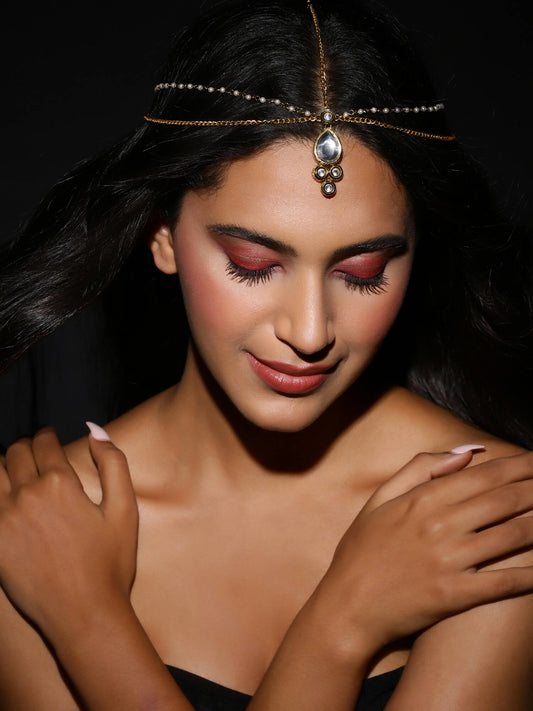Gold-Polished Kundan Mathapatti - Ruby Raang