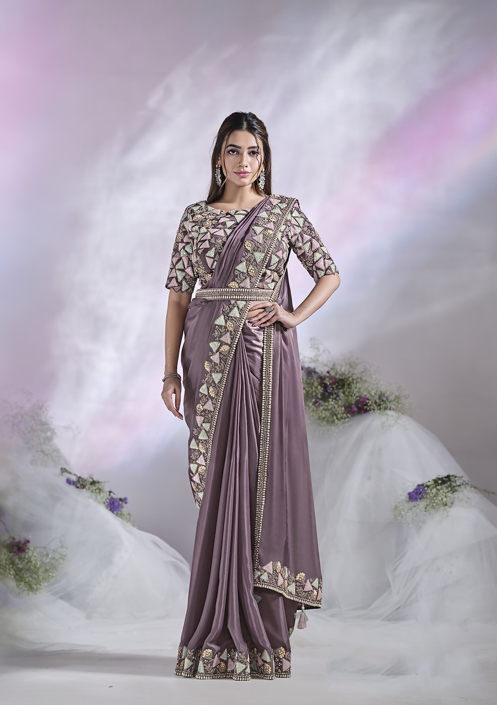 Lavendar Crepe Satin Silk Designer Ready to wear saree with stithced Blouse - Mohmanthan Aura